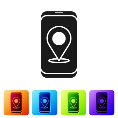 Şehir haritası yön bulma simgesinin siyah bilgileri beyaz arkaplanda izole edildi. Mobil Uygulama Arayüzü tasarımı. Coğrafi konsept. Renkli kare düğmelerle simgeleri ayarla. Vektör İllüstrasyonu