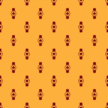 Kırmızı Akıllı saat kalp atış hızı simgesini gösteriyor. Kahverengi arka planda izole edilmiş pürüzsüz desen. Fitness uygulaması konsepti. Vektör İllüstrasyonu