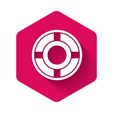 Beyaz kül tablası simgesi uzun gölgeli. Pembe altıgen düğmesi. Vektör İllüstrasyonu