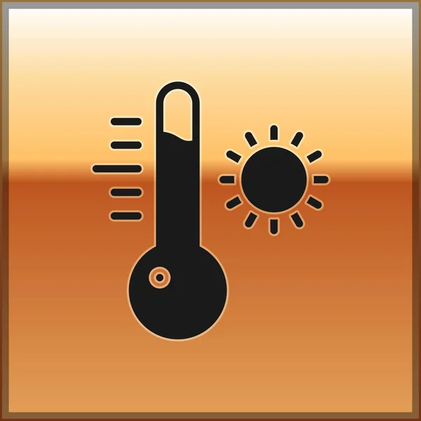 Zwarte Meteorologie thermometer meten pictogram geïsoleerd op gouden achtergrond. Thermometer apparatuur toont warm of koud weer. Vector Illustratie — Stockvector