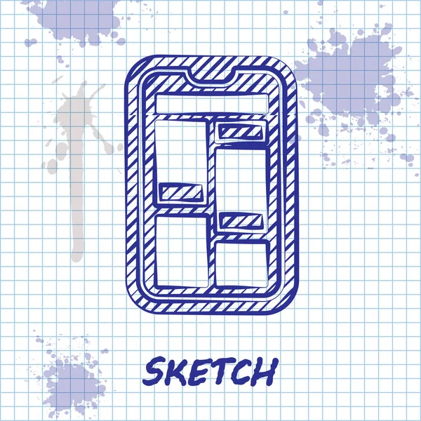 Sketch line Compras on-line no ícone do telefone móvel isolado no fundo branco. Loja na Internet, aplicativo de loja móvel e faturamento de pagamentos. Ilustração vetorial — Vetor de Stock