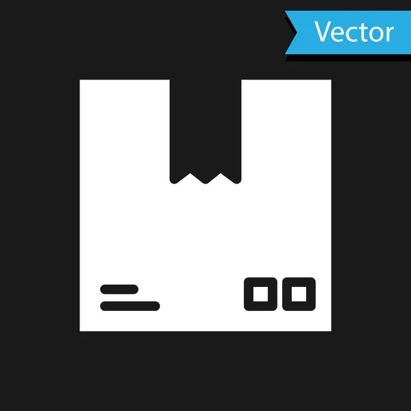 Caja de cartón blanco con icono de símbolo de tráfico aislado sobre fondo negro. Caja, paquete, paquete. Entrega, transporte y envío. Ilustración vectorial — Vector de stock