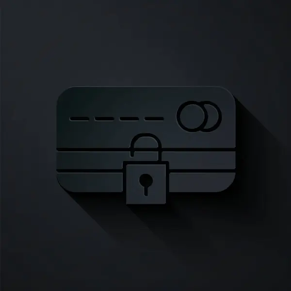 Papírvágás Hitelkártya zár ikon elszigetelt fekete háttér. Zárt bankkártya. Biztonság, biztonság, védelem. A biztonságos fizetés koncepciója. Papírművészeti stílus. Vektorillusztráció — Stock Vector