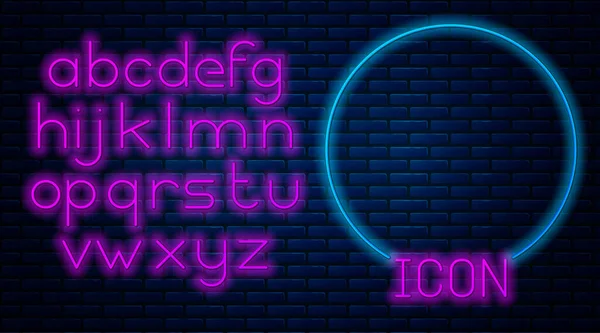 Ciseaux fluo lumineux icône coiffeur isolé sur fond de mur de briques. Coiffeur, salon de mode et enseigne de coiffeur. Symbole du coiffeur. Alphabet néon. Illustration vectorielle — Image vectorielle