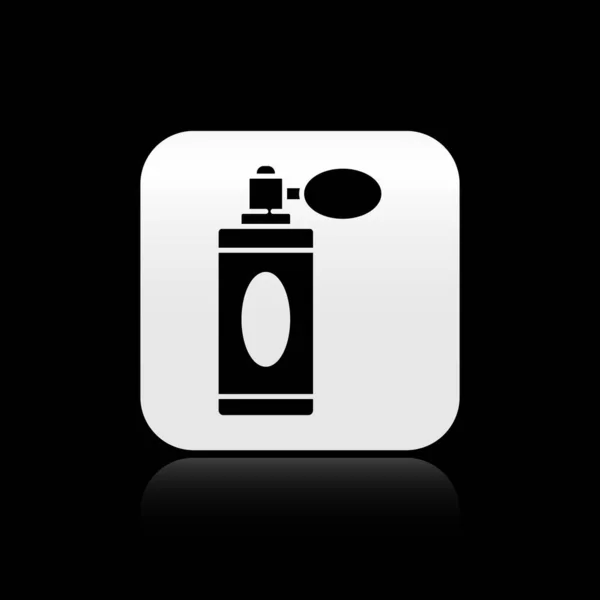 Пляшку Black Aftershad з іконою атомізатора ізольовано на чорному тлі. Ікона спрею Кельна. Чоловічі парфумерні пляшки. Срібна квадратна кнопка. Векторний приклад — стоковий вектор