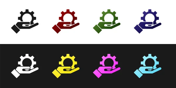 Set Hand settings gear icon isoliert auf schwarzem und weißem Hintergrund. Anpassung, Service, Wartung, Reparatur, Reparatur. Vektorillustration — Stockvektor
