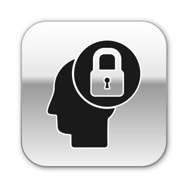 Cabeça humana preta com ícone de bloqueio isolado no fundo branco. Botão quadrado de prata. Ilustração vetorial — Vetor de Stock