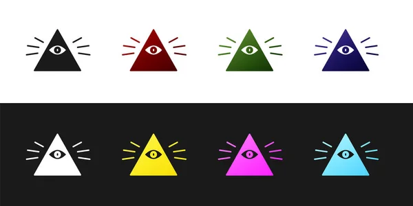 Set Masons symbole Tout-voyant oeil de Dieu icône isolée sur fond noir et blanc. L'œil de la Providence dans le triangle. Illustration vectorielle — Image vectorielle