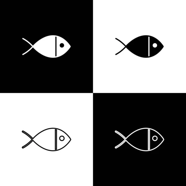 Setzen Sie das Symbol des christlichen Fisches isoliert auf schwarzem und weißem Hintergrund. Jesus Fisch Symbol. Vektorillustration — Stockvektor