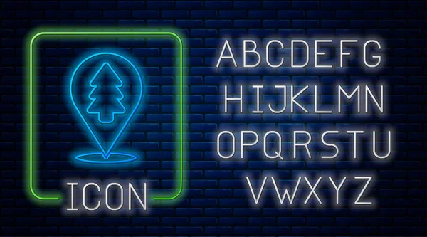 Gloeiende neon Locatie van het bos op een kaart pictogram geïsoleerd op bakstenen muur achtergrond. Neon licht alfabet. Vector Illustratie — Stockvector