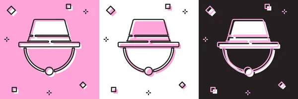 Definir ícone chapéu de acampamento isolado em rosa e branco, fundo preto. Chapéu de praia panamá. Explorador viajantes chapéu para caça, caminhadas, turismo. Ilustração vetorial — Vetor de Stock