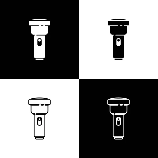Réglez icône lampe de poche isolé sur fond noir et blanc. Illustration vectorielle — Image vectorielle