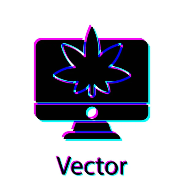 Monitor de ordenador negro y marihuana medicinal o icono de hoja de cannabis aislado sobre fondo blanco. Compra en línea. Cesta del supermercado. Ilustración vectorial — Vector de stock