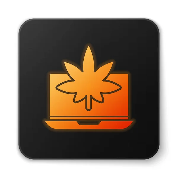 Orange glödande neon Laptop och medicinsk marijuana eller cannabis blad ikon isolerad på vit bakgrund. Onlineköp symbol. Stormarknadskorg. Svart fyrkant. Vektor Illustration — Stock vektor
