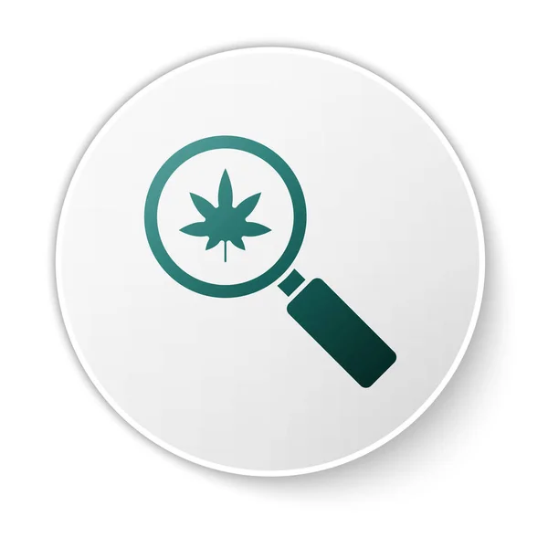 Green Magnifying glass and medical marijuana or cannabis leaf icon isolated on white background. Hemp symbol. White circle button. Vector Illustration — Stock Vector