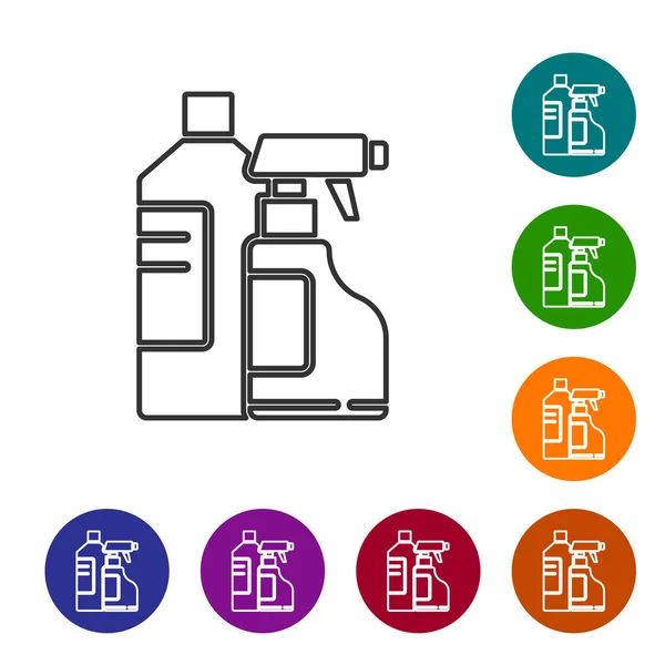 Línea negra Botellas de plástico para detergente de lavandería, lejía, líquido lavavajillas u otro icono de agente de limpieza aislado sobre fondo blanco. Establecer iconos en botones de círculo de color. Ilustración vectorial — Archivo Imágenes Vectoriales