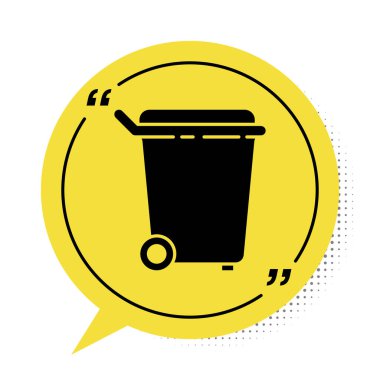 Siyah Çöp Kutusu simgesi beyaz arkaplanda izole edildi. Çöp kutusu tabelası. Sepet simgesini geri dönüştür. Ofis çöpü ikonu. Sarı konuşma balonu sembolü. Vektör İllüstrasyonu