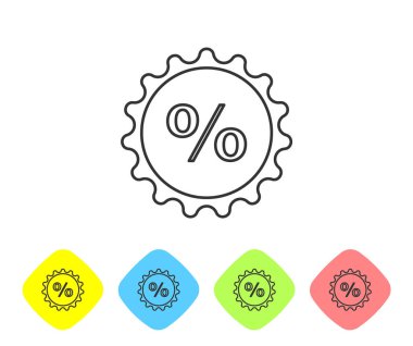 Gri çizgi indirimli etiket simgesi beyaz arkaplanda izole edildi. Etiket alışverişi. Özel teklif işareti. İndirim kuponları sembolü. Renkli eşkenar dörtgen düğmelerine simgeleri yerleştir. Vektör İllüstrasyonu