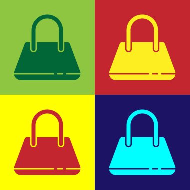 Pop sanat el çantası simgesi renk arkaplanında izole edildi. Kadın el çantası işareti. Glamour günlük bagaj sembolü. Vektör İllüstrasyonu