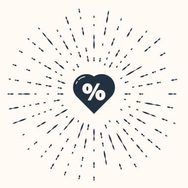 Bej arka planda izole edilmiş kalp ikonundaki Gri İndirim yüzde etiketi. Etiket alışverişi. Özel teklif işareti. İndirim kuponları sembolü. Soyut çember rastgele noktalar. Vektör İllüstrasyonu