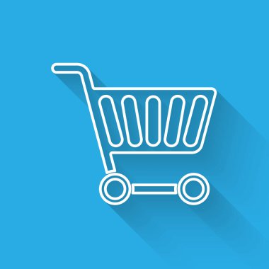 Uzun gölgeli beyaz çizgi alışveriş arabası ikonu. İnternetten satın alma konsepti. Servis tabelası. Süpermarket sepeti sembolü. Vektör İllüstrasyonu