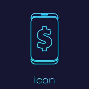 Mavi zemin üzerinde dolar sembolü olan turkuaz renkli akıllı telefon. İnternetten alışveriş konsepti. Finansal cep telefonu. Çevrimiçi ödeme. Vektör İllüstrasyonu