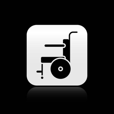 Siyah arka planda izole edilmiş engelli kişi simgesi için Siyah Tekerlekli sandalye. Gümüş kare düğme. Vektör İllüstrasyonu