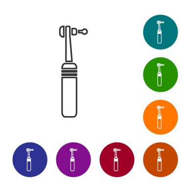 Siyah çizgi diş matkabı simgesi beyaz arkaplanda izole edildi. Delme ve öğütme aletleri için el işi. Tıbbi alet. Simgeleri renk daire düğmelerine ayarla. Vektör İllüstrasyonu