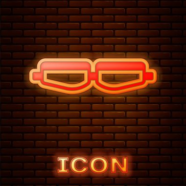 Parlayan neon gözlük gözlüğü ikonu tuğla duvar arkasında izole edilmiş. Vektör İllüstrasyonu