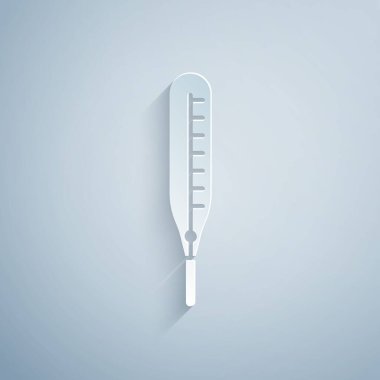 Tıbbi muayene ikonu için kağıt kesiği termometresi gri arka planda izole edilmiş. Kağıt sanatı tarzı. Vektör İllüstrasyonu