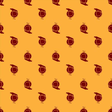 Dünya 'nın simgesini tutan kırmızı insan elleri kahverengi arka planda izole edilmiş, pürüzsüz desen. Dünya kavramını sakla. Vektör İllüstrasyonu