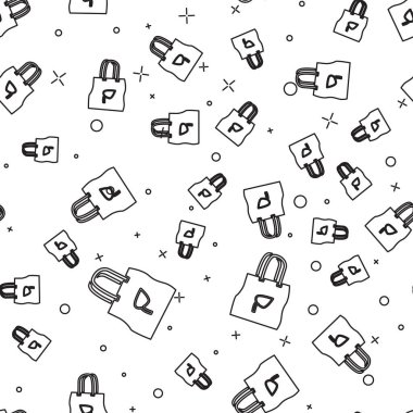 Geri dönüşüm simgesine sahip siyah çizgi kağıt alışveriş torbası beyaz arka planda izole edilmiş pürüzsüz desen. Geri dönüşüm sembollü çanta. Vektör İllüstrasyonu