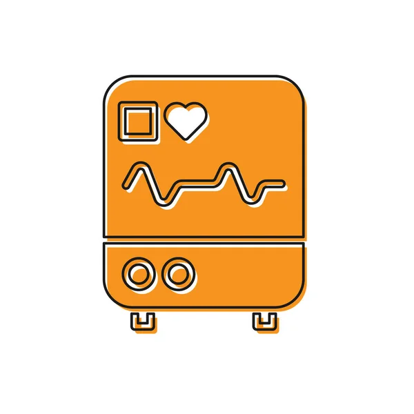 Monitor de ordenador naranja con icono de cardiograma aislado sobre fondo blanco. Icono de monitoreo. Monitor ECG con latidos cardíacos dibujados a mano. Ilustración vectorial — Vector de stock