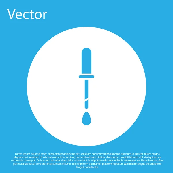 Ícone de pipeta azul isolado no fundo azul. Elemento de equipamento médico, de laboratório de química. Pipeta com gota. Símbolo da medicina. Botão de círculo branco. Ilustração vetorial — Vetor de Stock