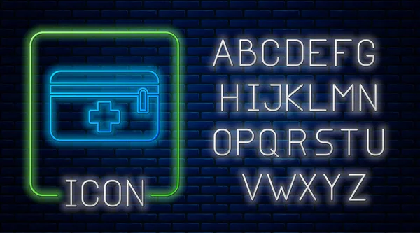 Leuchtende Neon-Verbandskasten-Symbol isoliert auf Backsteinwand Hintergrund. Medizinische Box mit Kreuz. Medizinische Geräte für den Notfall. Gesundheitskonzept. Neonlicht-Alphabet. Vektorillustration — Stockvektor