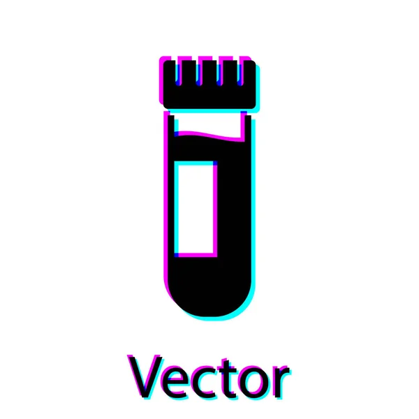 Schwarzes Reagenzglas oder Kolben mit Blutsymbol auf weißem Hintergrund. Labor-, Chemie-, wissenschaftliche Glaswaren Zeichen. Vektorillustration — Stockvektor