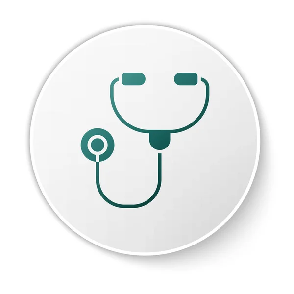 Estetoscopio verde icono del instrumento médico aislado sobre fondo blanco. Botón círculo blanco. Ilustración vectorial — Vector de stock