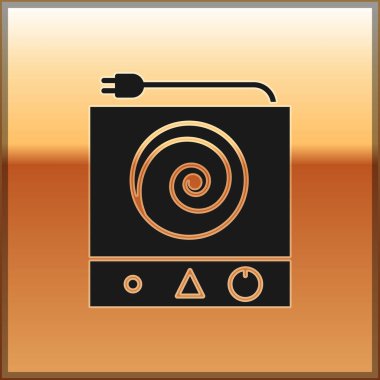 Siyah Elektrikli soba ikonu altın arka planda izole edilmiş. Mutfak tabelaları. Dört daire ocağı olan bir hob. Vektör İllüstrasyonu