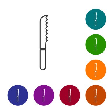 Siyah çizgi ekmek bıçağı ikonu beyaz arkaplanda izole edilmiş. Çatal bıçak sembolü. Simgeleri renk daire düğmelerine ayarla. Vektör İllüstrasyonu