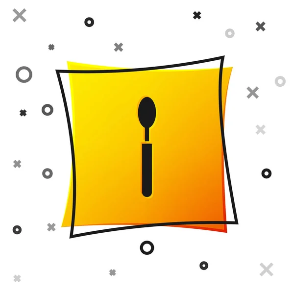 Schwarzes Löffelsymbol isoliert auf weißem Hintergrund. Kochutensilien. Besteckschild. gelber quadratischer Knopf. Vektorillustration — Stockvektor