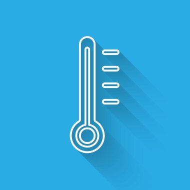 Meteoroloji termometresi uzun gölgeli izole edilmiş ikonu ölçüyor. Termometre termometresi sıcak ya da soğuk hava gösteriyor. Vektör İllüstrasyonu