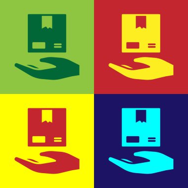 Renkli arka planda izole edilmiş karton kutu ikonlu Pop Art Delivery Hand. Kuryeyle kapı kapı dolaşacağız. Vektör İllüstrasyonu