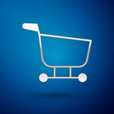 Mavi arka planda gümüş alışveriş arabası simgesi var. Yiyecek dükkanı, süpermarket. Vektör İllüstrasyonu