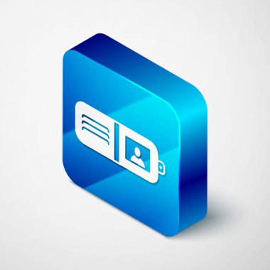 Gri arkaplanda Isometric Cüzdan simgesi izole edildi. Çanta ikonu. Nakit tasarruf sembolü. Mavi kare düğme. Vektör İllüstrasyonu