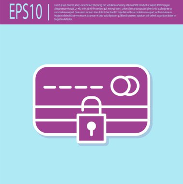 Turkuaz arka planda kilit simgesi izole edilmiş Retro Mor Kredi kartı. Kilitli banka kartı. Güvenlik, güvenlik, koruma. Güvenli ödeme kavramı. Vektör İllüstrasyonu