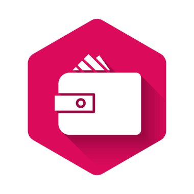 Beyaz Cüzdan 'da desteler dolusu para nakit para ikonu uzun gölgeli. Çanta ikonu. Nakit tasarruf sembolü. Pembe altıgen düğmesi. Vektör İllüstrasyonu