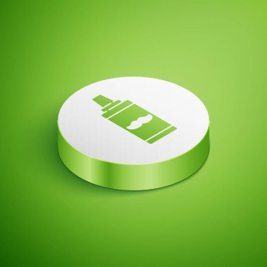 Isometric tıraş jeli köpük simgesi yeşil arka planda izole. Tıraş köpüğü. Beyaz daire düğmesi. Vektör İllüstrasyonu