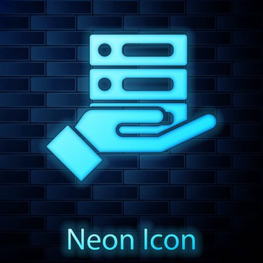 Parlayan neon sunucusu, Data, Web sunucu simgesi tuğla duvar arka planında izole edildi. Vektör İllüstrasyonu