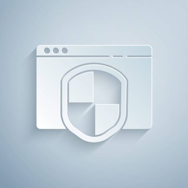 Kağıt kesiği Tarayıcı ve gri arkaplanda izole edilmiş kalkan simgesi. Güvenlik, güvenlik, koruma, gizlilik kavramı. Kağıt sanatı tarzı. Vektör İllüstrasyonu