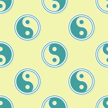 Yeşil Yin Yang sembolü ahenk ve denge simgesi sarı arkaplanda izole edilmiş pürüzsüz desen. Vektör İllüstrasyonu